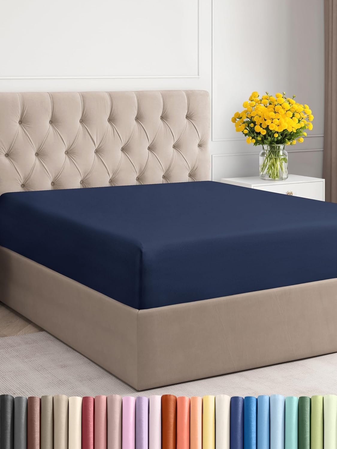 Full Size Fitted Bed Sheet - Hotel Luxury Single Fitted Sheet Only - Fits Mattress Up to 16 - Extra Soft, Wrinkle Free, Breathable & Cooling - Bottom Fitted Sheet - Navy Blue Single Fitted Sheet Only