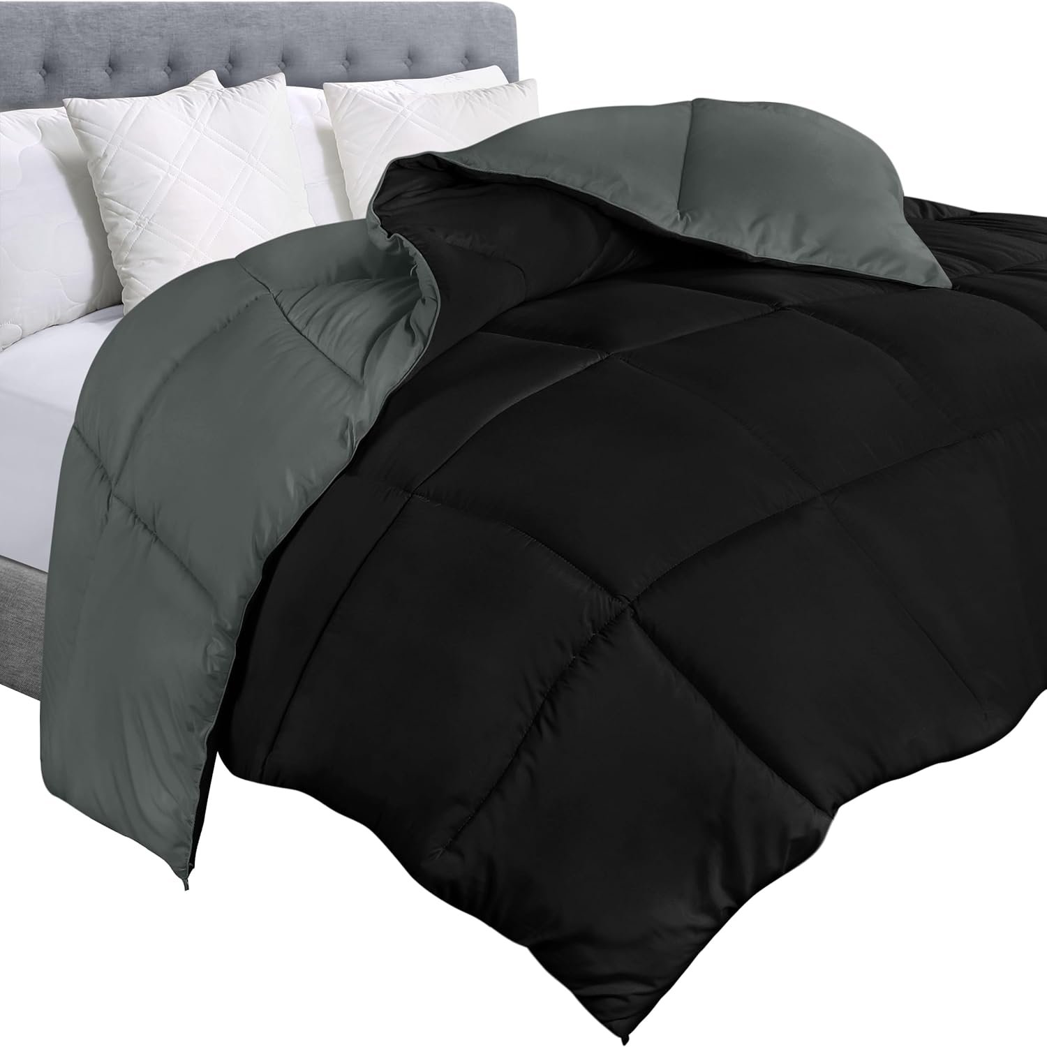 Comforter Duvet Insert, Quilted Comforter with Corner Tabs, Box Stitched Down Alternative Comforters King Size (Black/Grey)