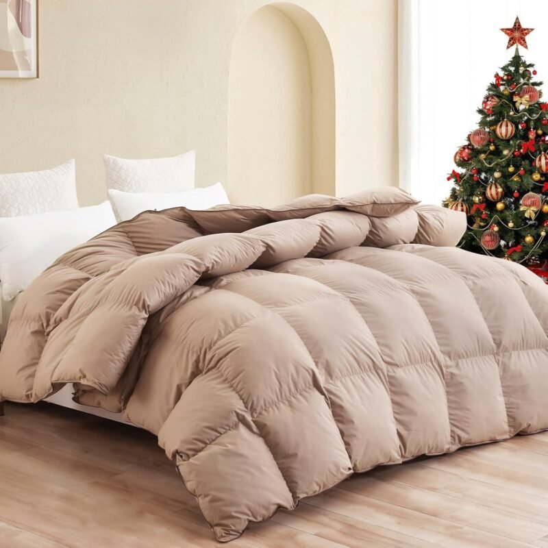 All-Season 75% Down Comforter King Size, Fluffy Duvet Insert with 8 Corner Tabs, Down Proof Cotton Blended Fabric and 3D Baffle Box Construction (Khaki, 106"x90")