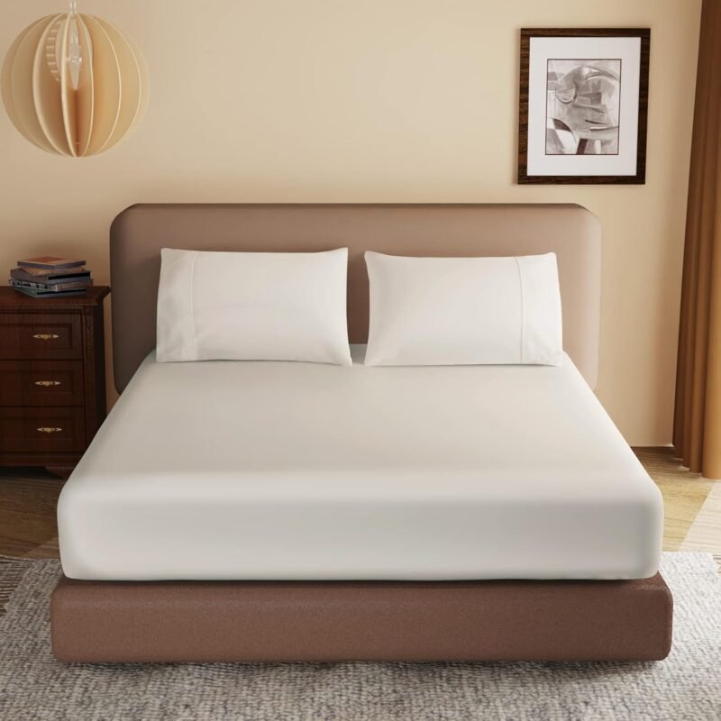 100% Egyptian Cotton Fitted Sheet Queen Size, 600 Thread Count 8-16" Deep Pocket Sheet, Soft & Elastic Sateen Weave Bottom Sheet for Hotel & Home (Light Beige, 1 Pack Fitted Sheet Only,Queen)