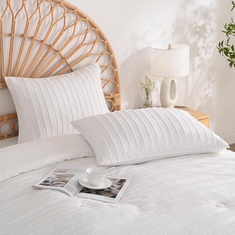 2 Pack White Pillowcases Standard Size, Soft Microfiber Striped Tufted Pillow Covers with Envelope Closure (Pillows are not Included) - Image 2