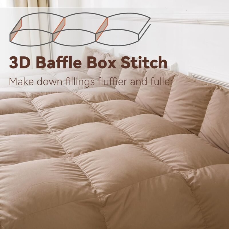 All-Season 75% Down Comforter King Size, Fluffy Duvet Insert with 8 Corner Tabs, Down Proof Cotton Blended Fabric and 3D Baffle Box Construction (Khaki, 106"x90") - Image 2