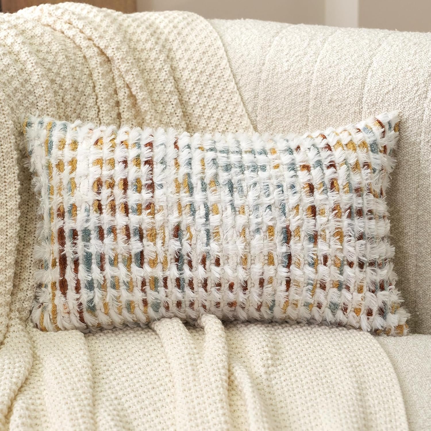 Boho Chenille Tufted Pillow Cover 12x20 Inch, Rectangle Decorative Lumbar Throw Pillow Cover Neutral Pillowcase for Couch Bedroom Living Room, Orange White - Image 2